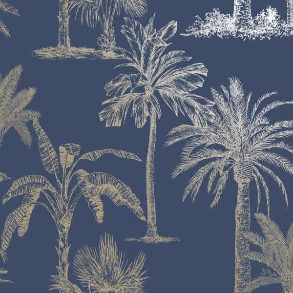 DUTCH WALLCOVERINGS Tapet tropiska träd marinblå och silver multifärg