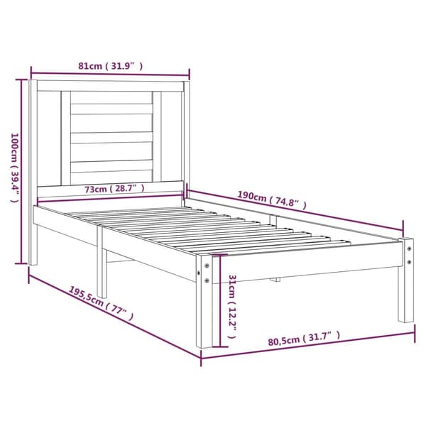 vidaXL Sängram vit massivt trä 75x190 cm Vit