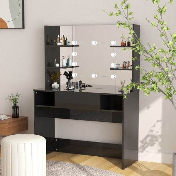 vidaXL Sminkbord med LED-belysning 100x40x135 cm MDF svart glänsande Svart