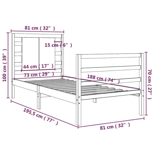 vidaXL Sängram vit massivt trä 75x190 cm Vit