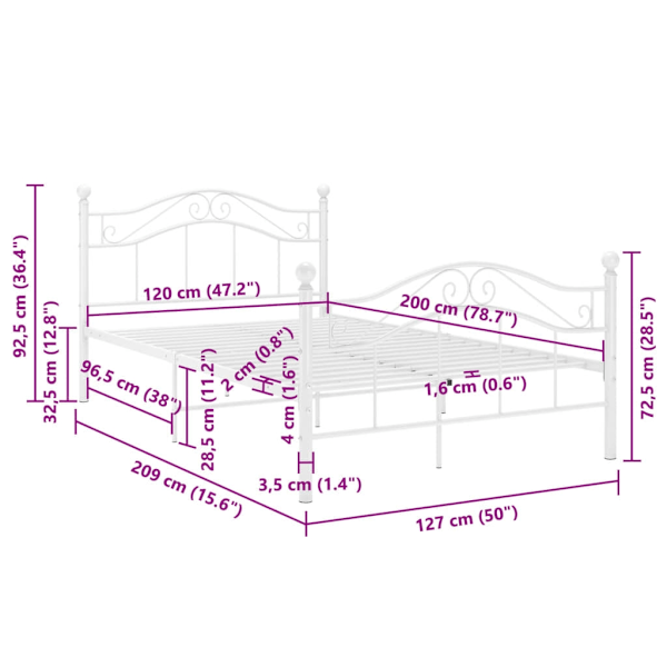 vidaXL Sängram utan madrass vit metall 120x200 cm Vit