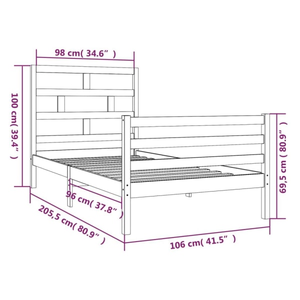 vidaXL Sängram massiv furu 100x200 cm enkelsäng Brun