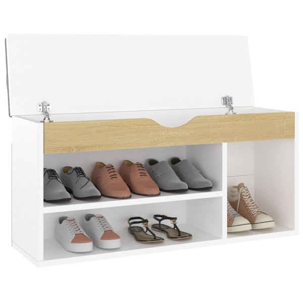 vidaXL Skobänk med dyna vit och sonoma-ek 104x30x49 cm konstruerat trä Beige