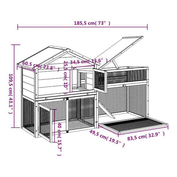 vidaXL Kaninbur röd 185,5x60,5x109,5 cm massiv furu Röd