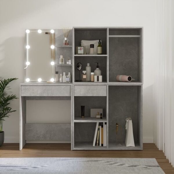 vidaXL Sminkbord LED med 2 skåp betonggrå konstruerat trä Grå
