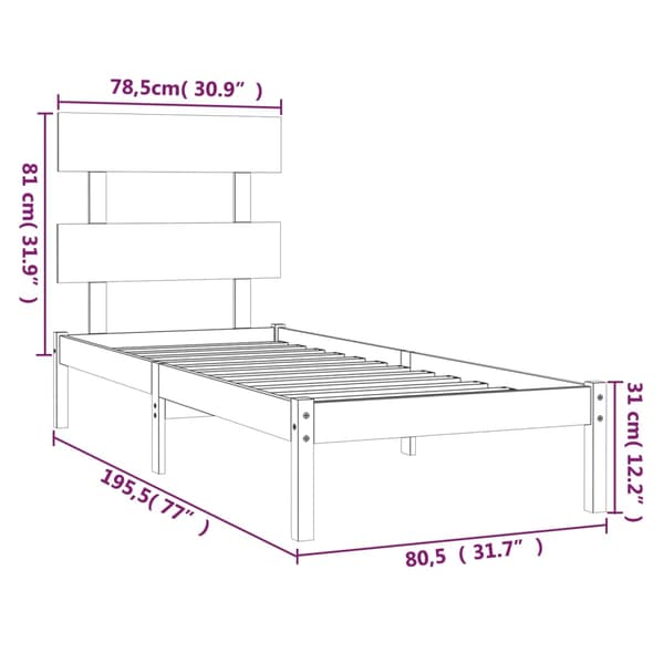 vidaXL Sängram vit massivt trä 75x190 cm Vit