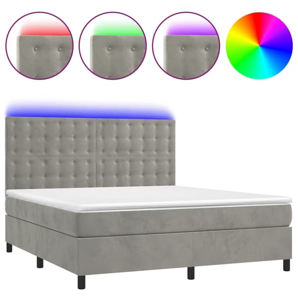 vidaXL Ramsäng med madrass & LED ljusgrå 180x200 cm sammet Grå