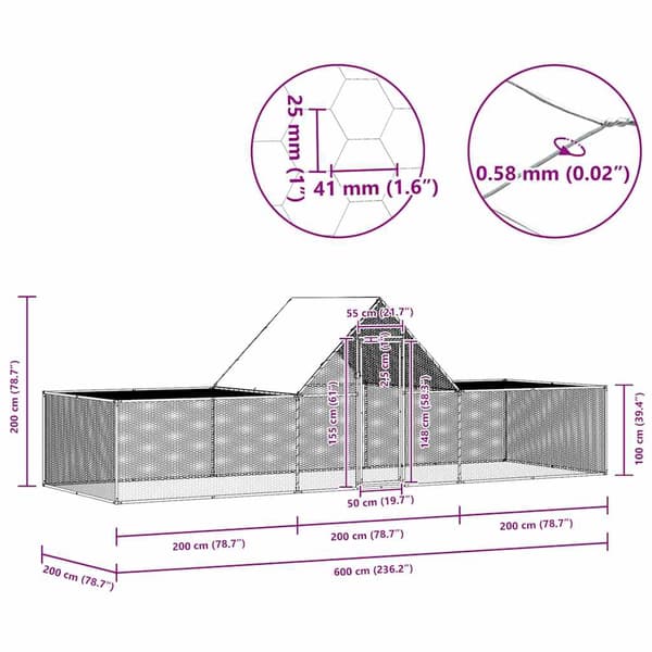 vidaXL Hönsbur 6x2x2 m galvaniserat stål Silver