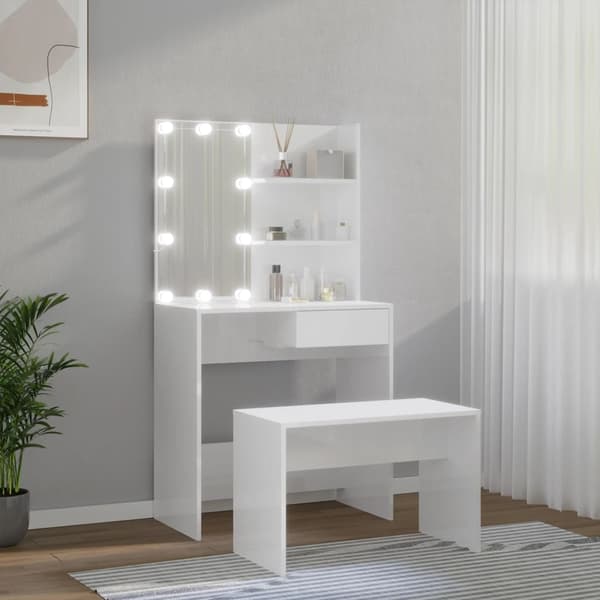 vidaXL Sminkbord LED vit högglans konstruerat trä Vit