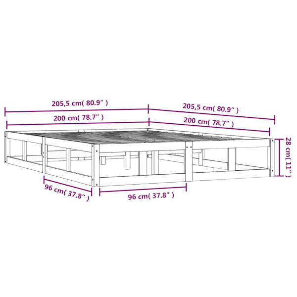vidaXL Sängram svart 200x200 cm massivt trä Svart