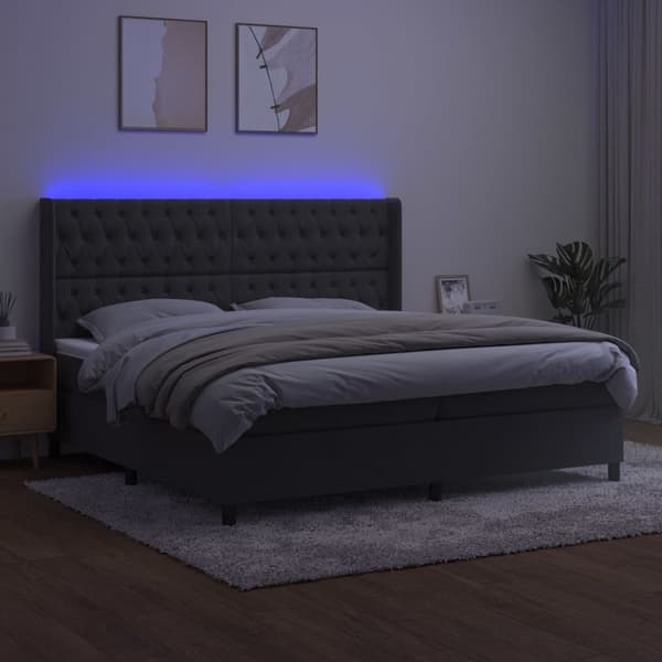 vidaXL Ramsäng med madrass & LED mörkgrå 200x200 cm sammet Grå
