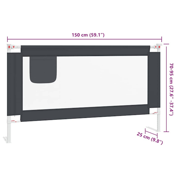 vidaXL Sängskena för barn mörkgrå 150x25 cm tyg grå