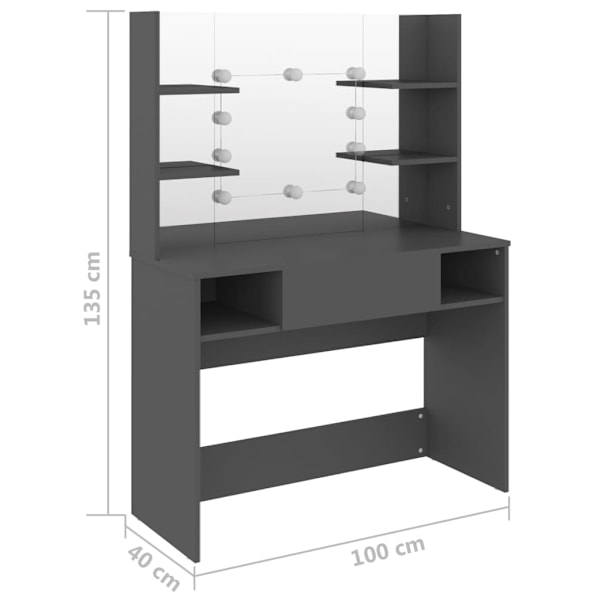 vidaXL Sminkbord med LED-belysning 100x40x135 cm MDF grå grå