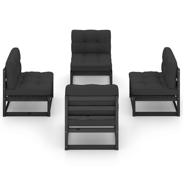 vidaXL Loungegrupp med dynor 4 delar massiv furu Svart