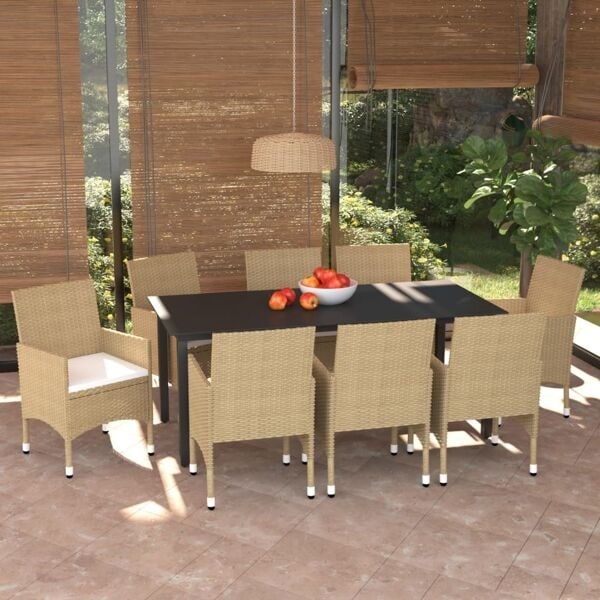 vidaXL Matgrupp för trädgården med dynor 9 delar konstrotting beige Beige