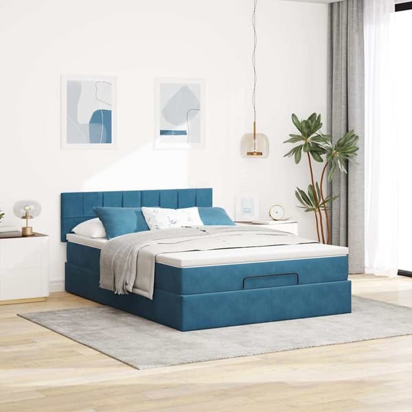 vidaXL Ottoman sängram med madrass mörkblå 140x200 cm sammet Blå