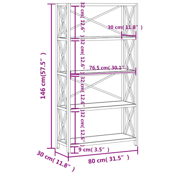 vidaXL Bokhylla med 5 hyllplan 80x30x146 cm massiv ek Brun