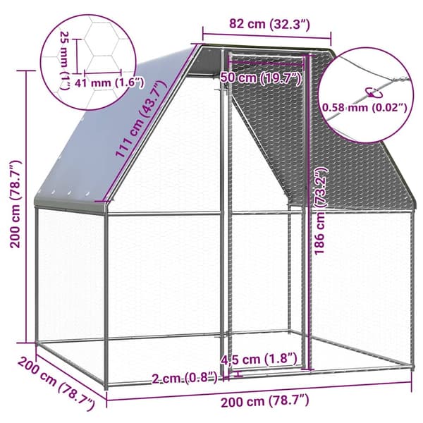 vidaXL Hönsbur silver och grå 2x2x2 m galvaniserat stål Silver
