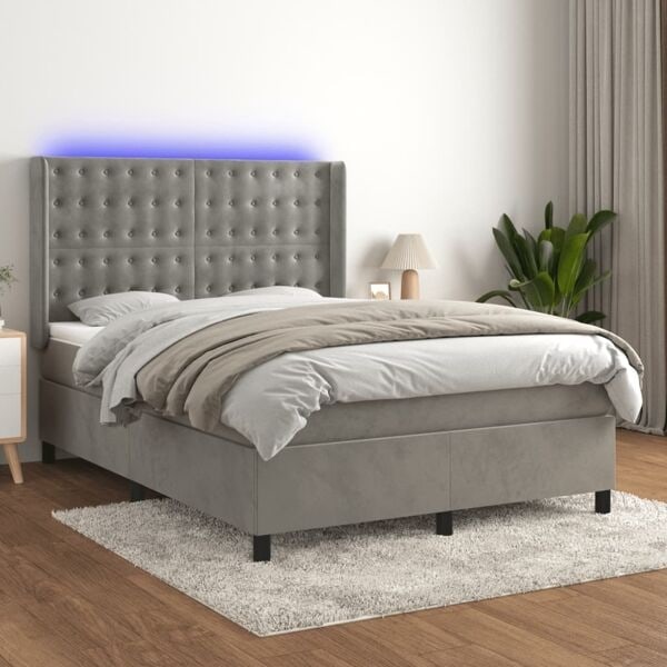 vidaXL Ramsäng med madrass & LED ljusgrå 140x190 cm sammet Grå