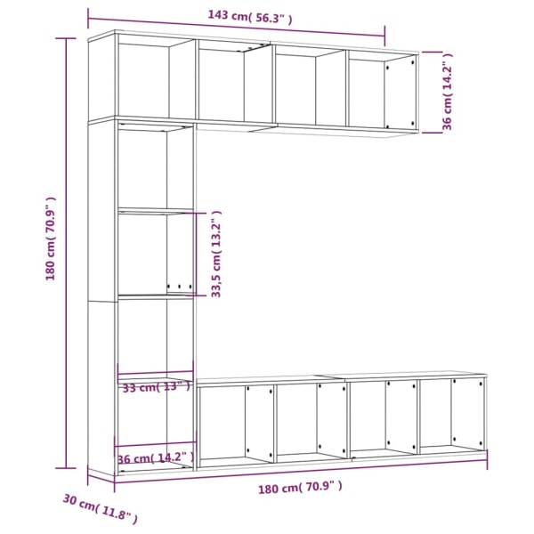 vidaXL Bokhylla/TV-bänk 3 delar set grå sonoma 180x30x180 cm Grå