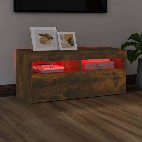 vidaXL Tv-bänk med LED-belysning rökfärgad ek 90x35x40 cm Brun