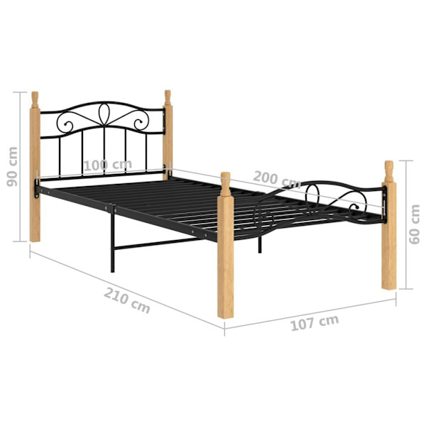 vidaXL Sängram svart metall och massiv ek 100x200 cm Svart