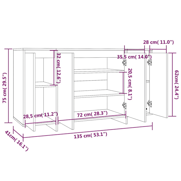 vidaXL Skåp vit högglans 135x41x75 cm konstruerat trä Vit