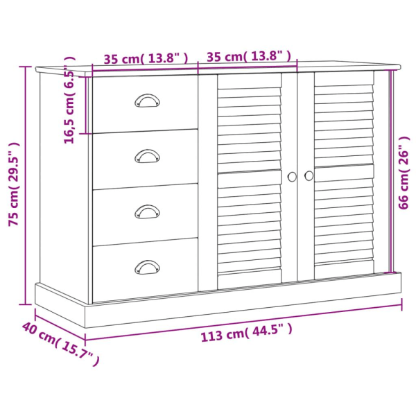 vidaXL Skänk med lådor VIGO 113x40x75 cm massiv furu Brun