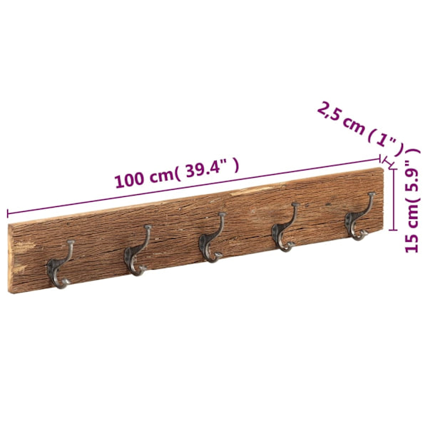 vidaXL Kroklist med 5 krokar 100x2,5x15 cm massivt återvunnet trä Brun