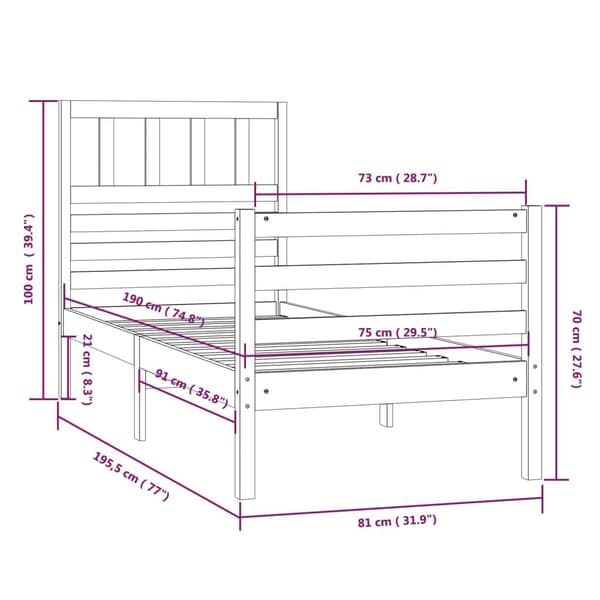 vidaXL Sängram massivt trä 75x190 cm vit Vit
