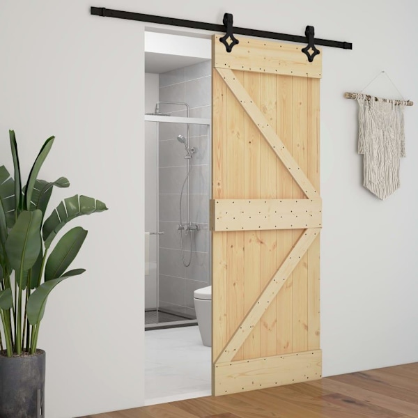 vidaXL Skjutdörr med beslag 90x210 cm massiv furu Brun