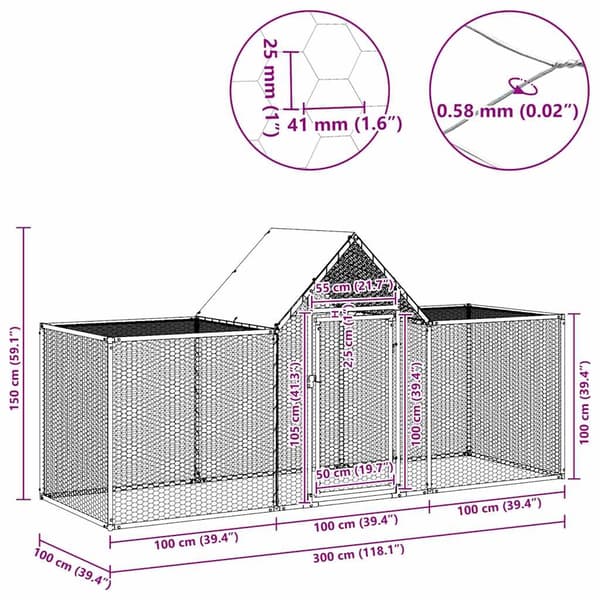 vidaXL Hönsbur 3x1x1,5 m galvaniserat stål Silver