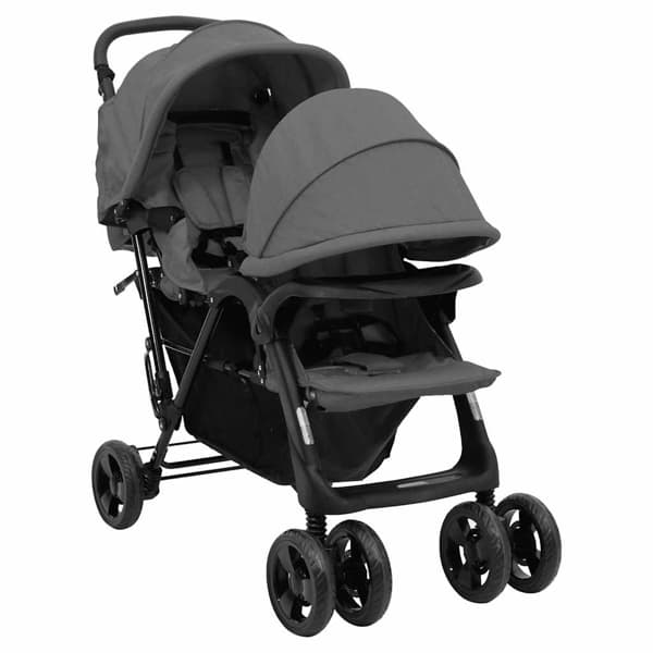 vidaXL Tandem tvillingvagn mörkgrå stål grå