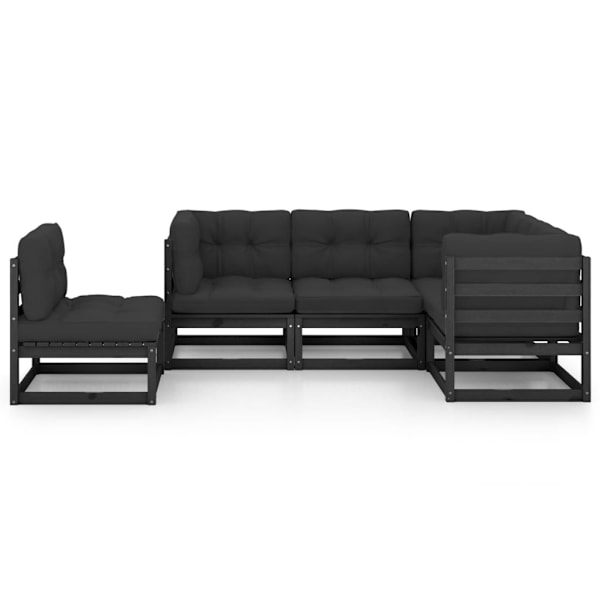 vidaXL Loungegrupp med dynor 5 delar massiv furu Svart