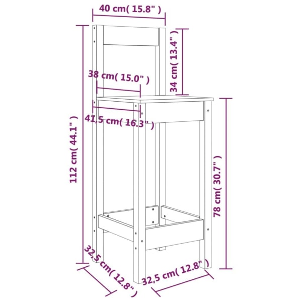 vidaXL Barstolar 2 st 40x41,5x112 cm massiv furu Brun