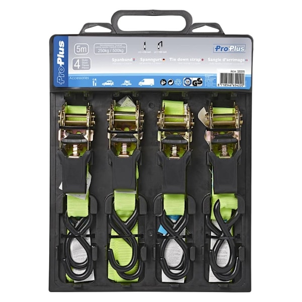 ProPlus Spännrem med Spärrhake + 2 Krokar, 4 st, 5 m 320205 Grön