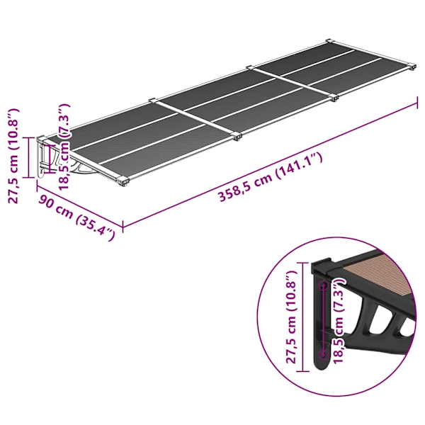 vidaXL Entrétak svart 358,5x90 cm polykarbonat Svart