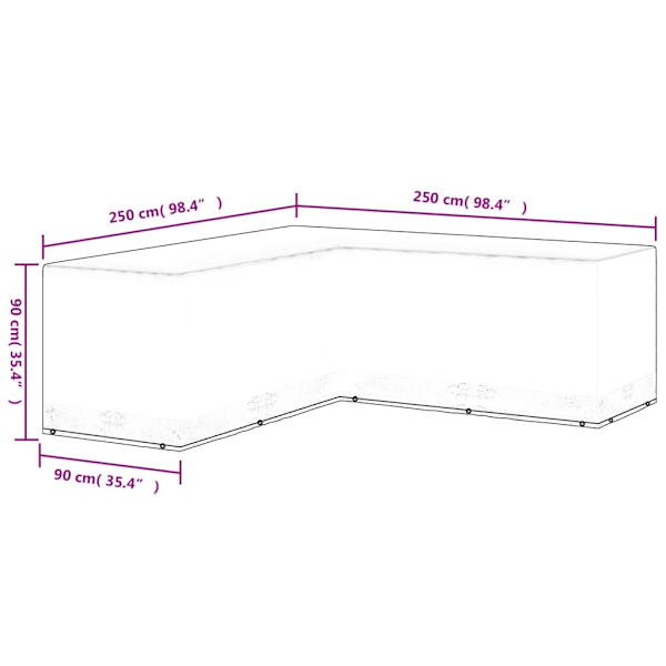 vidaXL Nature Överdrag till trädgårdsmöbler L-form 12 öljetter 250x250x90 cm Svart