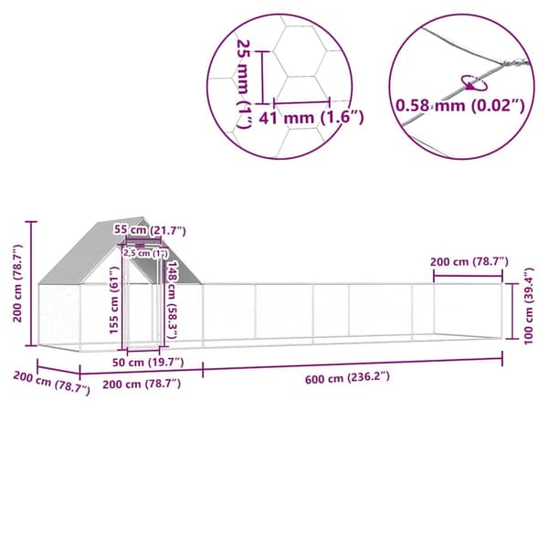 vidaXL Hönsbur 8x2x2 m galvaniserat stål Silver
