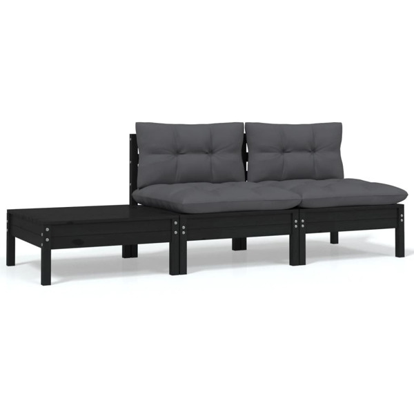 vidaXL Loungegrupp med dynor svart 3 delar massiv furu Svart