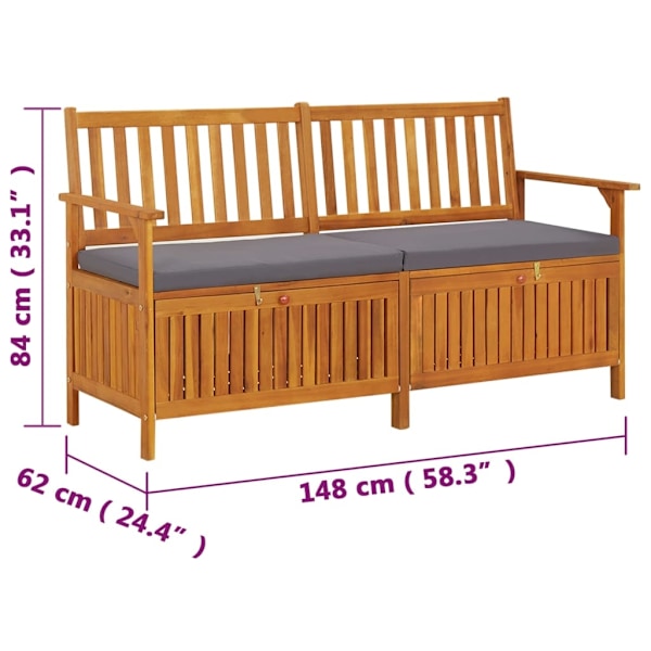 vidaXL Förvaringsbänk med dyna 148 cm massivt akaciaträ grå
