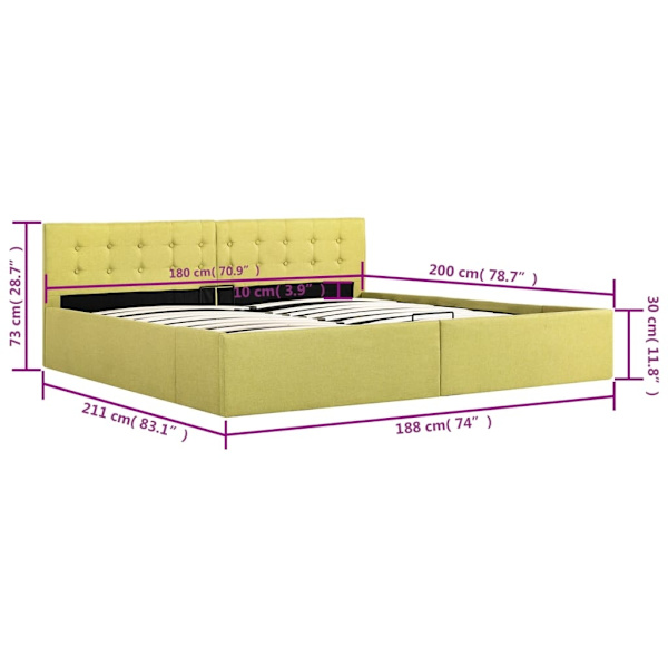 vidaXL Sängram med hydraulisk förvaring limegul tyg 180x200 cm Gul