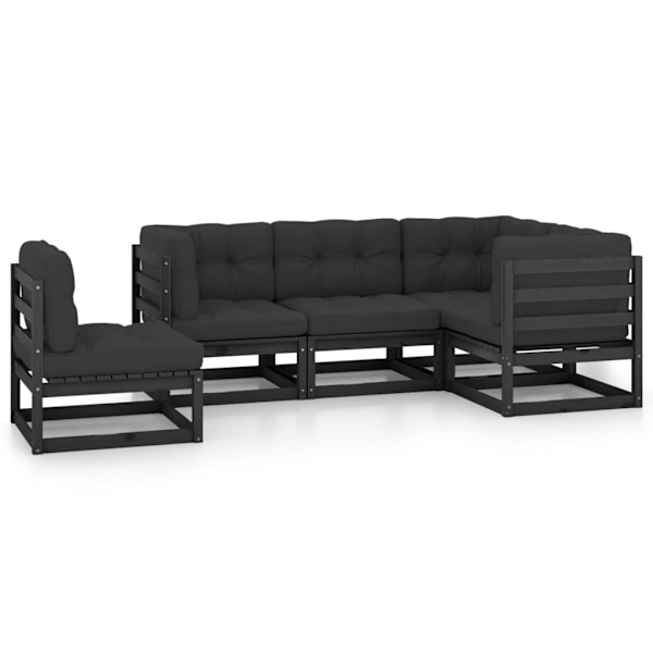 vidaXL Loungegrupp med dynor 5 delar massiv furu Svart