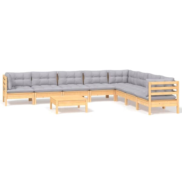 vidaXL Loungegrupp med dynor 9 delar grå furu grå