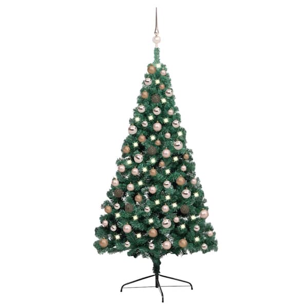 vidaXL Belyst halv plastgran med kulor grön 150 cm Grön