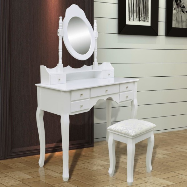 vidaXL Sminkbord med spegel och pall 7 lådor vit Vit