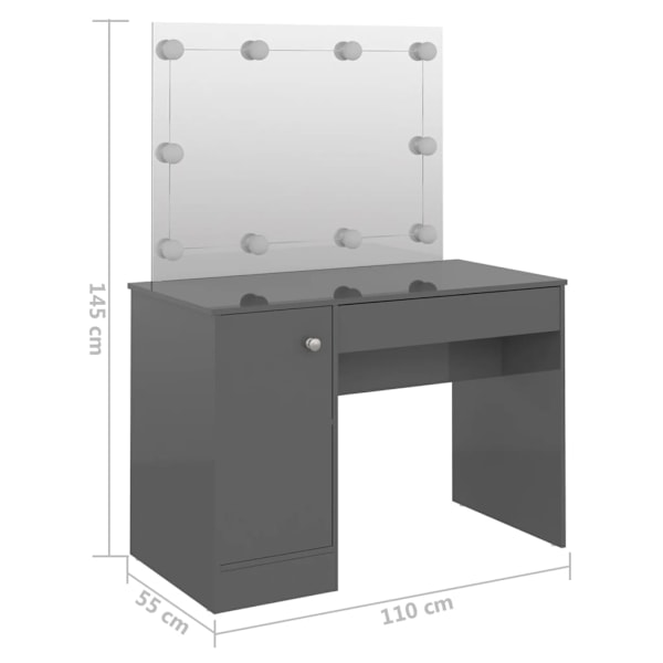vidaXL Sminkbord med LED-belysning 110x55x145 cm MDF glänsande grå grå