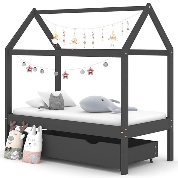 vidaXL Barnsäng med låda mörkgrå massiv furu 70x140 cm grå