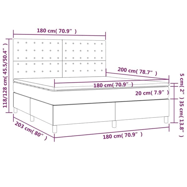 vidaXL Ramsäng med madrass & LED ljusgrå 180x200 cm sammet Grå