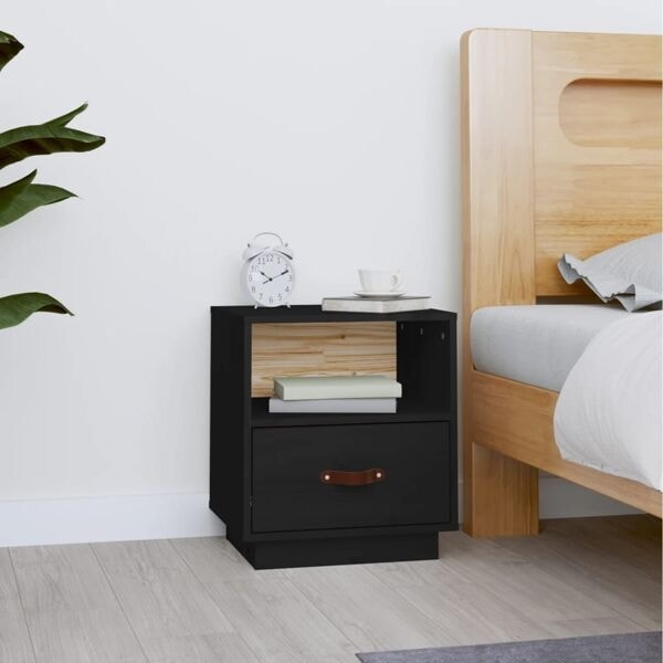 vidaXL Sängbord svart 40x34x45 cm massiv furu Svart